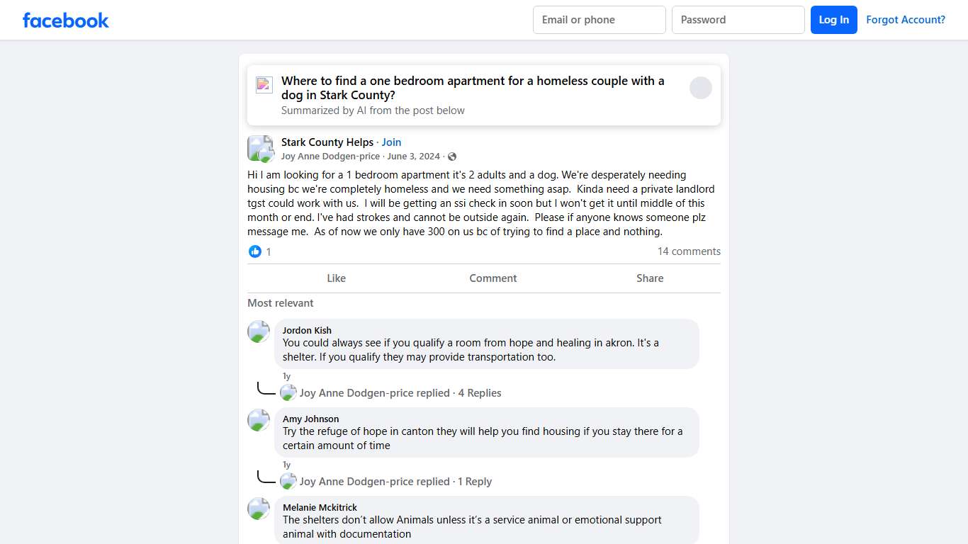 Stark County Helps Hi I am looking for a 1 bedroom apartment it's 2 adults and a dog Facebook